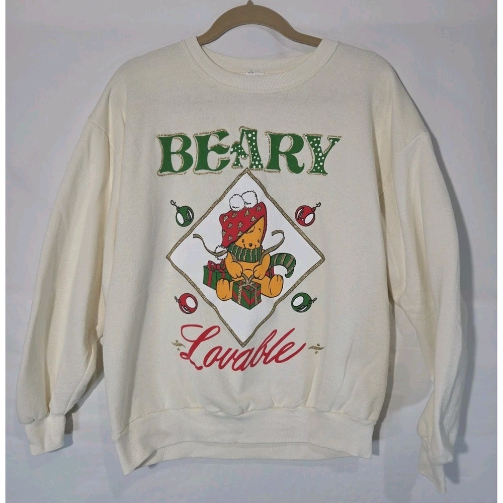 VTG 90s Beary Lovable Teddy Sweatshirt Large Cream Crewneck Ugly Christmas